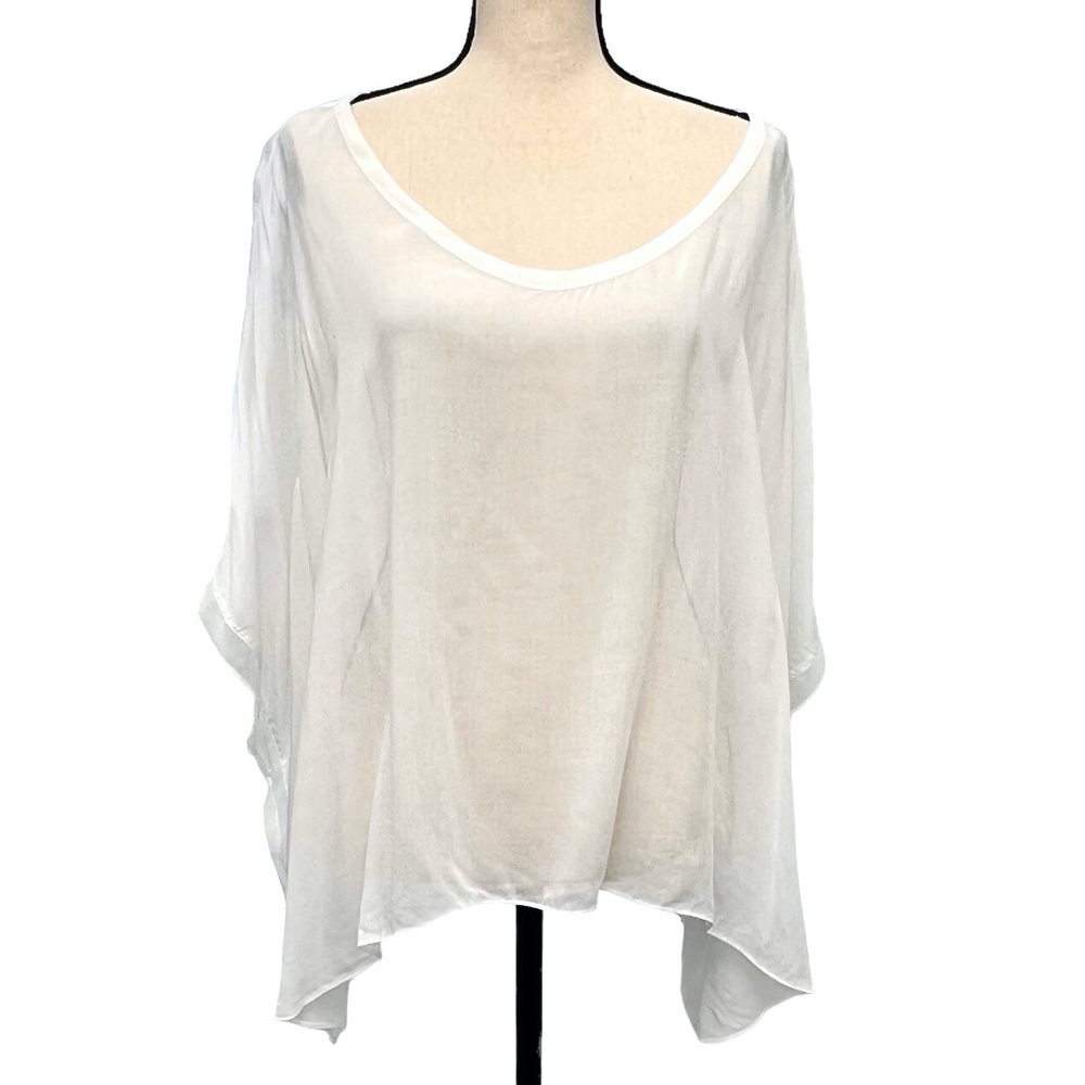HELMUT LANG WHITE SEMI SHEER OVERSIZED ASYMMETRICAL BOXY CUT BATWING TOP
